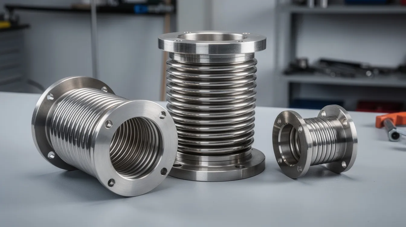 The image depicts a variety of metal bellows expansion joints, showcasing different types and sizes designed for thermal expansion in piping systems. Made from stainless steel, these metallic expansion joints feature convolutions that facilitate movement and reliability in various industrial applications.