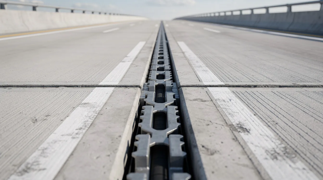 The image depicts a highway bridge deck featuring a visible expansion joint system between concrete sections, designed to accommodate movement caused by thermal expansion and contraction. This system includes various types of expansion joints, such as rubber and bellows expansion joints, which help absorb vibrations and prevent leaks while ensuring the structural integrity of the bridge.