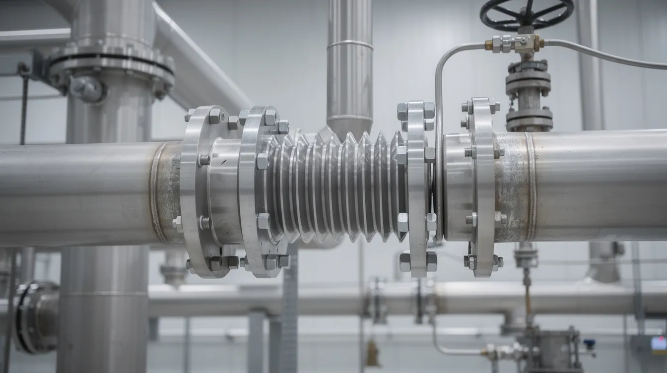 The image depicts an industrial stainless steel bellows expansion joint installed within a piping system, designed to accommodate axial movement and absorb vibrations caused by thermal expansion and pressure changes. This type of expansion joint is essential for maintaining the integrity of the entire piping system and preventing leaks during operation.