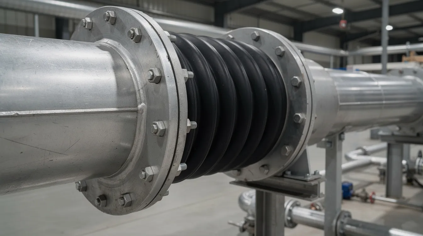 The image depicts an industrial rubber expansion joint installed between metal flanges in a facility's piping system, showcasing its role in providing flexibility and absorbing thermal movement to prevent damage. This elastomer expansion joint is essential for maintaining optimal performance in various industries, particularly under high temperatures and pressure conditions.