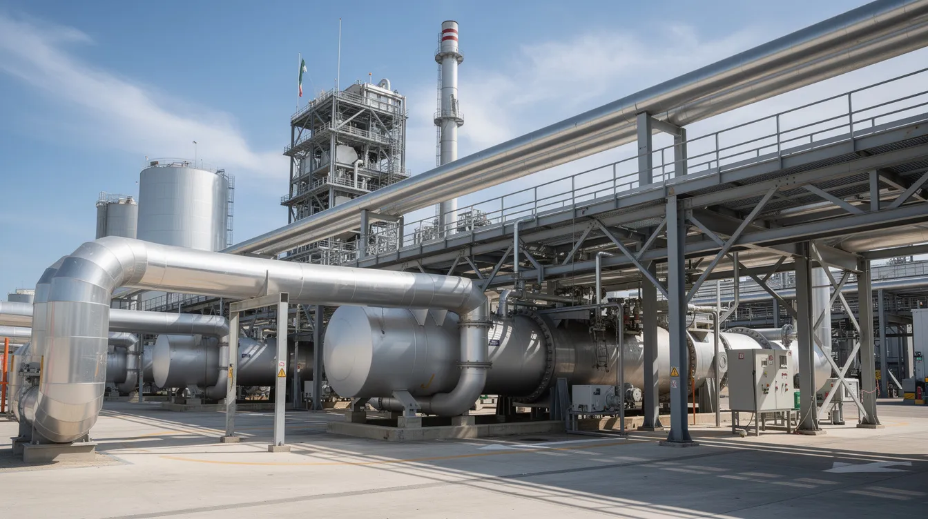The image depicts the exterior view of an industrial power plant featuring extensive piping systems, including large metallic expansion joints designed to accommodate thermal expansion and axial movement. The robust construction of stainless steel bellows and fixed flanges ensures reliability and durability in various industrial applications.
