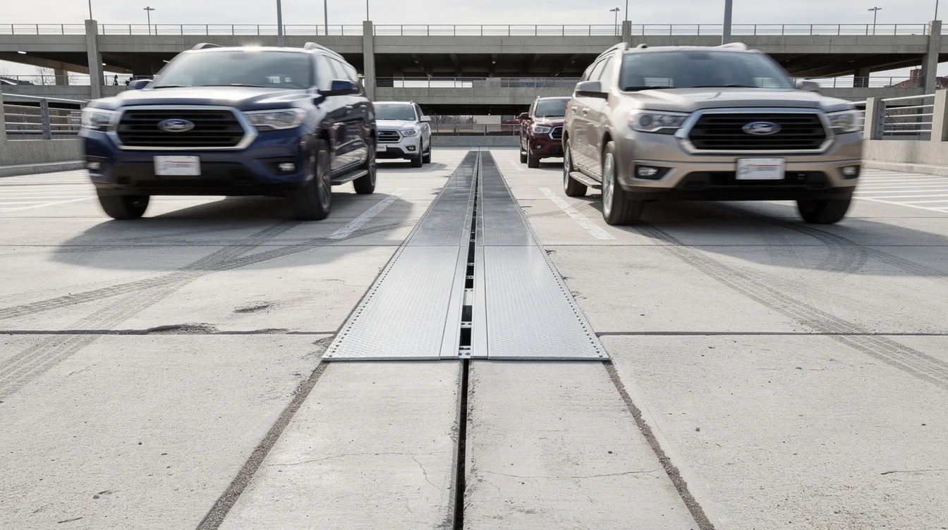A heavy-duty expansion joint cover is installed across a concrete parking deck, allowing vehicles to pass over it smoothly. The cover is specifically designed to accommodate structural movement and thermal expansion, ensuring durability and performance in car parks and parking structures.