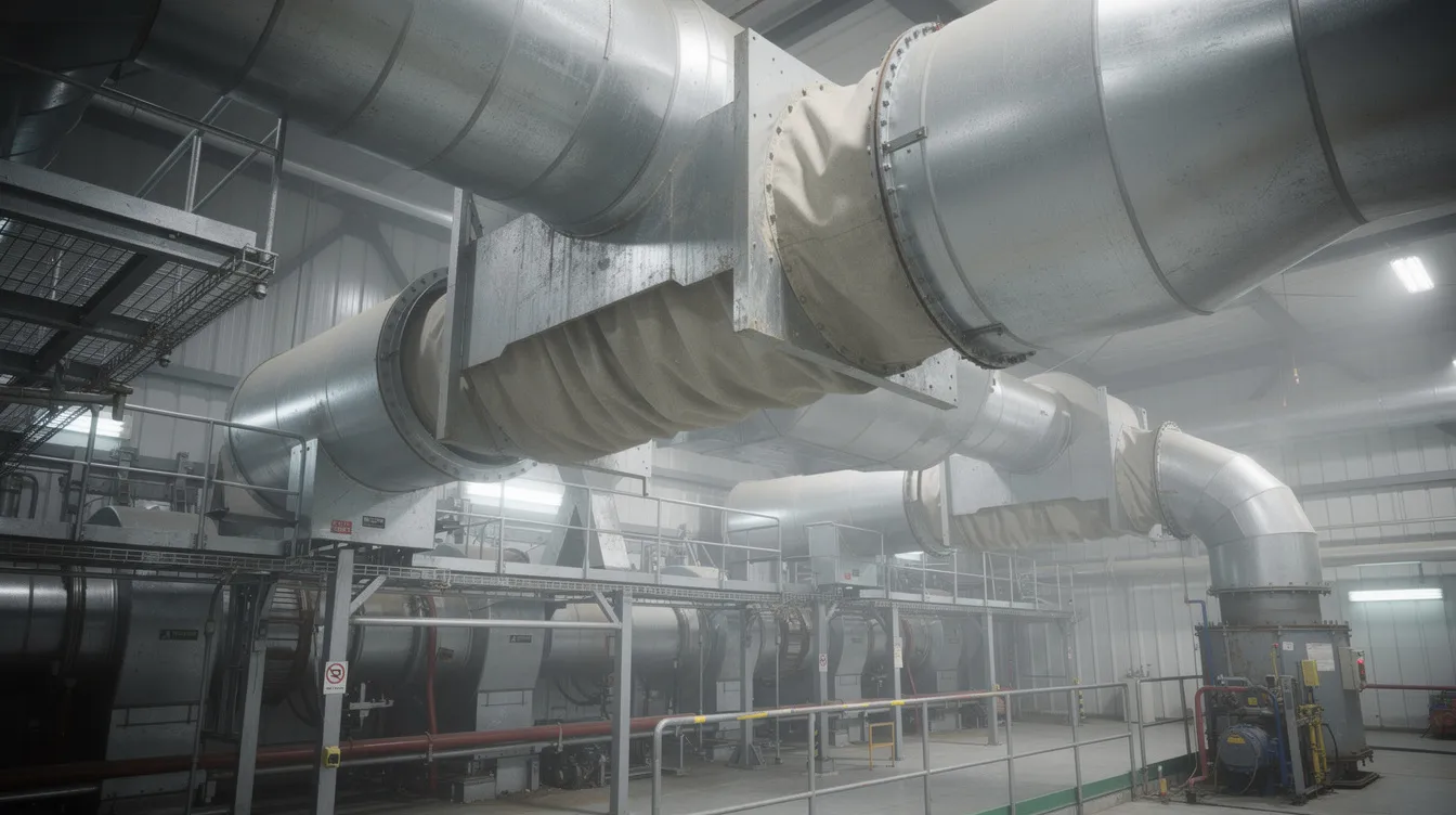 The image depicts a large industrial ductwork system in a power plant, featuring fabric expansion joints designed to absorb thermal movement and prevent damage. These flexible rubber joints play a crucial role in maintaining optimal performance within piping systems, ensuring reliability under high temperatures and pressure.